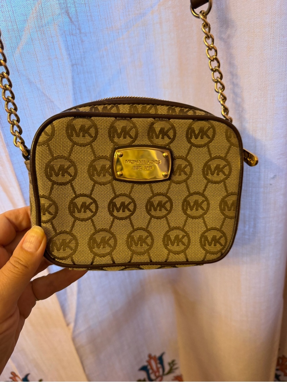 Michael Kors Tan/Brown Signature MK Crossbody with Gold Plate